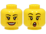 Yellow Minifigure, Head Dual Sided Female Black Eyebrows, Dark Red Lips, Nougat Age Lines, Open Mouth Smile / Surprised Pattern - Hollow Stud