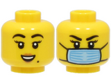 Yellow Minifigure, Head Dual Sided Female Black Eyebrows, Nougat Lips, Beauty Mark, Open Mouth Smile / Bright Light Blue Surgical Mask Pattern - Hollow Stud