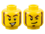 Yellow Minifigure, Head Dual Sided Thick Dark Brown Eyebrows, Mutton Chops, and Soul Patch, Lopsided Open Mouth Smile with Teeth / Lopsided Grin and Wink Pattern - Hollow Stud