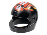 Black Minifigure, Headgear Helmet Motorcycle (Standard) with Flames and Red Skull with White Stripes Pattern