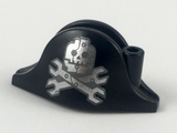 Black Minifigure, Headgear Hat, Pirate Bicorne with Silver Minifigure Skull with Half Mask and Wrenches Crossbones Pattern