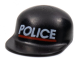 Black Minifigure, Headgear Cap - Long Flat Bill with White 'POLICE' and Red Line Pattern