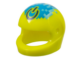 Neon Yellow Minifigure, Headgear Helmet Motorcycle (Standard) with Dark Blue Power Symbol on Pixelated Medium Azure and Dark Azure Flame Pattern