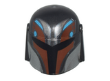 Pearl Dark Gray Minifigure, Headgear Helmet with Holes, SW Mandalorian with Black, Silver, Reddish Brown, and Medium Azure Pattern