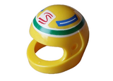 Yellow Minifigure, Headgear Helmet Motorcycle (Standard) with Red and White Senna Logo and Blue Panels in Green Circle Pattern