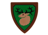 Reddish Brown Minifigure, Shield Triangular with Forestmen Elk / Deer Head on Green Background with Black Outline Pattern