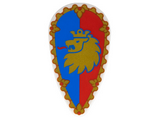 White Minifigure, Shield Ovoid with Gold Border and Lion Head on Blue and Red Background Pattern
