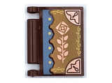 Reddish Brown Minifigure, Utensil Book Cover with Copper Flower and Corners on Dark Tan Background with Medium Blue Scalloped Edge Pattern