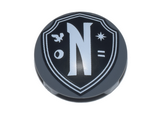 Dark Bluish Gray Plate, Round 2 x 2 with Rounded Bottom (Boat Stud) with Black Nevermore Academy Shield Emblem with White Border, Letter N, Raven, Moon, Star, and Equal Sign Pattern