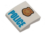 White Slope, Curved 2 x 2 x 2/3 with Gold and Copper Badge with Star and Black Outline, Blue 'POLICE' Pattern