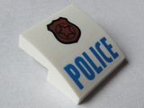 White Slope, Curved 2 x 2 x 2/3 with Copper Badge with Star and Black Outline, Blue 'POLICE' Pattern
