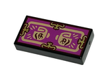 Black Tile 1 x 2 with Groove with Gold Shapes, Nougat Border and Minifigure Hands with Dark Red Eyes on Magenta Background Pattern (Dr Facilier Fortune Card)