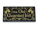 Black Tile 2 x 4 with Gold 'the Old Guarded Inn', Goats and Filigree Pattern