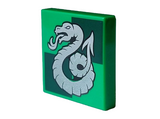 Bright Green Tile 2 x 2 with Silver Slytherin Crest on Dark Green Squares Pattern