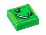 Bright Green Tile 1 x 1 with Groove with Black Eyes, Raised Eyebrow, Fiendish Smile with Teeth and Lime and Green Square Pattern (Kryptomite Face)