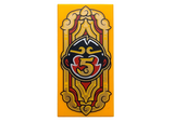 Bright Light Orange Tile 2 x 4 with Banner with Ornaments and Black and Red Monkie Kid Head Logo with Gold Number 5 Pattern