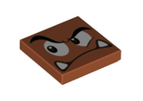 Dark Orange Tile 2 x 2 with Black Eyebrows, Dark Brown and White Eyes Looking Right, Angry Frown with Bottom Fangs Pattern (Super Mario Goomba Face)