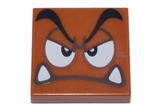 Dark Orange Tile 2 x 2 with Black Eyebrows, Dark Brown and White Eyes Looking Straight Partially Closed, Angry Frown with Bottom Fangs Pattern (Super Mario Goomba Face)