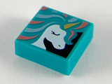 Dark Turquoise Tile 1 x 1 with Groove with White Unicorn Head, Gold Horn, and Metallic Light Blue and Coral Mane Pattern