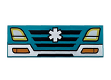 Dark Turquoise Tile 2 x 6 with White Bumper and EMT Star of Life, Black Grille, Yellow Headlights and Orange Blinkers Pattern