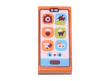 Orange Tile 1 x 2 with Cell Phone / Smartphone with Medium Azure Bar and Buttons and Orange and Lime Icons Pattern (Animal Crossing NookPhone)