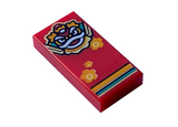 Red Tile 1 x 2 with Groove with Bright Light Orange, White, Dark Turquoise and Gold Lion / Nian Head, Flowers and Stripes Pattern