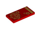 Red Tile 2 x 4 with Gold Chinese New Year Dragon, Flower and Stripe Pattern