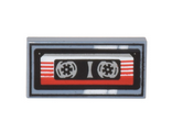 Sand Blue Tile 1 x 2 with Groove with Cassette Tape with Red and White Striped Label and Black Frame Pattern