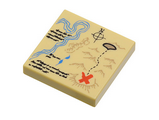 Tan Tile 2 x 2 with Groove with Map River, Dark Tan Mountains, Handwriting and Red 'X' Pattern