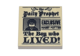 Tan Tile 2 x 2 with Newspaper, 'the Daily Prophet', 'EXCLUSIVE HARRY POTTER', 'The Boy who LIVED!', and Image of Boy with Glasses Pattern