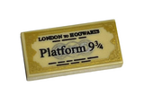 Tan Tile 1 x 2 with Black 'LONDON TO HOGWARTS' and 'Platform 9 3/4' Train Ticket with Gold Edges Pattern