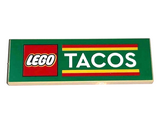 Tan Tile 2 x 6 with LEGO Logo, White 'TACOS', and Red and Yellow Stripes Pattern