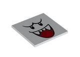 White Tile 6 x 6 with Bottom Tubes with Black Eyes and Eyebrows, Dark Red Open Mouth Smile with Sharp Teeth and Red Tongue Pattern (Super Mario King Boo Face)