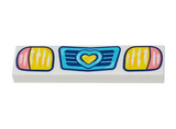 White Tile 1 x 4 with Medium Azure Vehicle Grille with Heart, Coral and Yellow Headlights Pattern