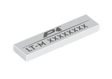 White Tile 1 x 4 with Dark Silver 'P1', 'LT-M' and 8-Digit Serial Number Pattern