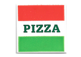 White Tile 2 x 2 with Red and Green Stripes and Dark Green 'PIZZA' Pattern (Pizza Box)