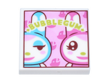 White Tile 2 x 2 with Medium Azure and Dark Pink Rabbits, Lime 'BUBBLE GUM' on Bright Pink Background Pattern (Animal Crossing K.K. Slider Album Cover)