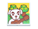 White Tile 2 x 2 with White Dog, Dark Orange Guitar, Bright Green and Lime Grass and Trees Pattern (Animal Crossing K.K. Slider Forest Life Album Cover)
