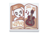 White Tile 2 x 2 with Open Book with White Dog, Dark Red Guitar, and Medium Nougat Music Notes Pattern (Animal Crossing K.K. Slider)