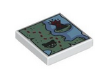 White Tile 2 x 2 with Map of Coastline with Sand Green Land, Erupting Volcano on Island, Black Tiger Head and Dark Red Dotted Line Pattern