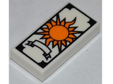 White Tile 1 x 2 with Groove with Tarot Sun Card Pattern