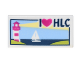 White Tile 1 x 2 with Groove with Lighthouse, Sailboat and 'I Heart HLC' Pattern