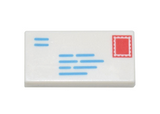 White Tile 1 x 2 with Groove with Dark Azure Lines and Red Rectangle Pattern (Mail Envelope with Stamp and Return Address)