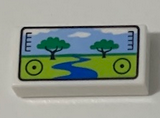 White Tile 1 x 2 with Groove with Viewfinder Screen Image of Safari Park with 2 Trees and River Pattern