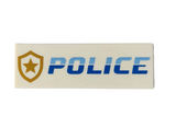 White Tile 2 x 6 with Bright Light Blue and Blue 'POLICE' and Gold Star Badge Logo Pattern