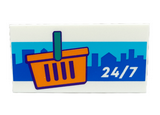 White Tile 2 x 4 with '24/7', Orange Shopping Basket with Dark Turquoise Handle, and Blue City Landscape Background Pattern