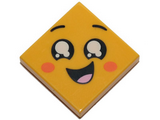 Yellow Tile 2 x 2 with Face, Smile Open Mouth, Black Eyes with White Pupils, Raised Eyebrows, Orange Cheeks Pattern