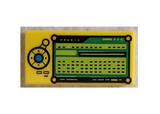 Yellow Tile 1 x 2 with Control Panel with Dark Turquoise Button, Black Directional Pad, Bright Green and Lime Screen with Rectangles Pattern