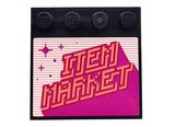 Black Tile, Modified 4 x 4 with Studs on Edge with Coral Pixelated 'ITEM MARKET', Magenta Stripes and Stars Pattern (Sticker) - Set 71708