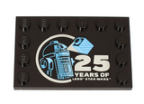Black Tile, Modified 4 x 6 with Studs on Edges with Bright Light Blue and Medium Blue R2-D2 Minifigure and Silver '25 YEARS OF LEGO STAR WARS' Pattern